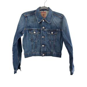 Red Engine Womens Denim Cropped Jean Jacket With Button-Up Front & Adjustable Wa
